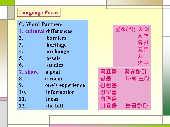 Language Focus C. Word Partners 1. cultural differences 2. barriers 3. heritage 4. exchange