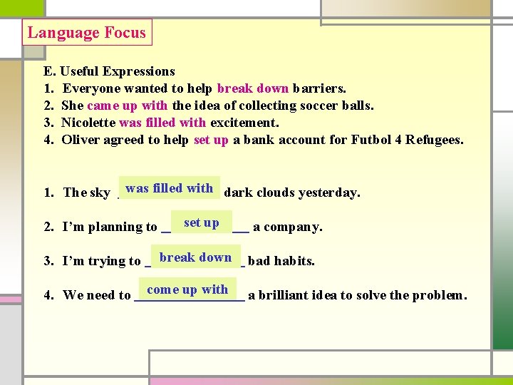 Language Focus E. Useful Expressions 1. Everyone wanted to help break down barriers. 2.
