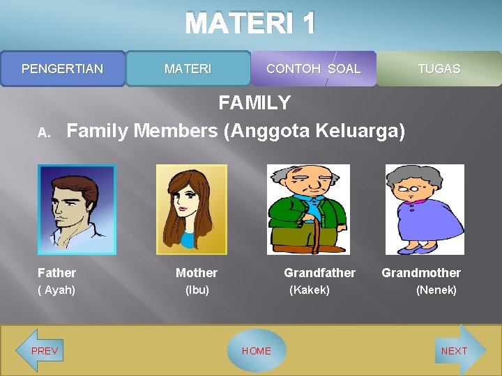 MATERI 1 PENGERTIAN A. MATERI TUGAS FAMILY Family Members (Anggota Keluarga) Father Mother (