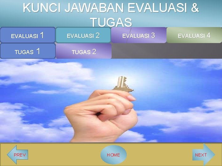 KUNCI JAWABAN EVALUASI & TUGAS EVALUASI 1 TUGAS PREV 1 EVALUASI 2 EVALUASI 3