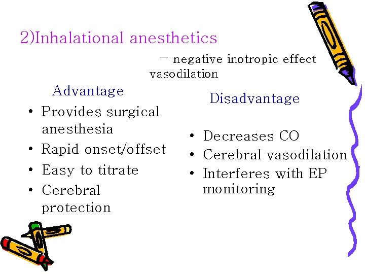 2)Inhalational anesthetics – negative inotropic effect vasodilation • • Advantage Provides surgical anesthesia Rapid