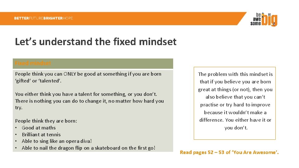 Let’s understand the fixed mindset Fixed mindset People think you can ONLY be good