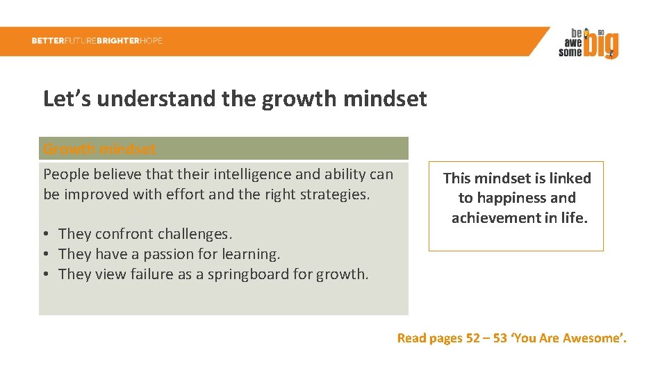 Let’s understand the growth mindset Growth mindset People believe that their intelligence and ability