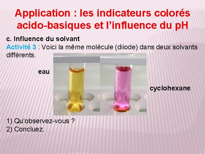 Application : les indicateurs colorés acido-basiques et l’influence du p. H c. Influence du