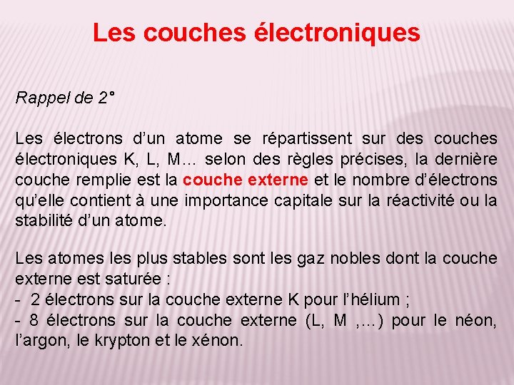 Les couches électroniques Rappel de 2° Les électrons d’un atome se répartissent sur des