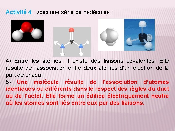 Activité 4 : voici une série de molécules : 4) Entre les atomes, il