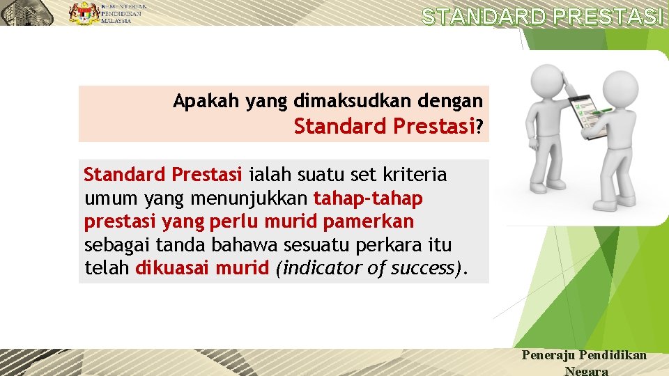 STANDARD PRESTASI Apakah yang dimaksudkan dengan Standard Prestasi? Standard Prestasi ialah suatu set kriteria