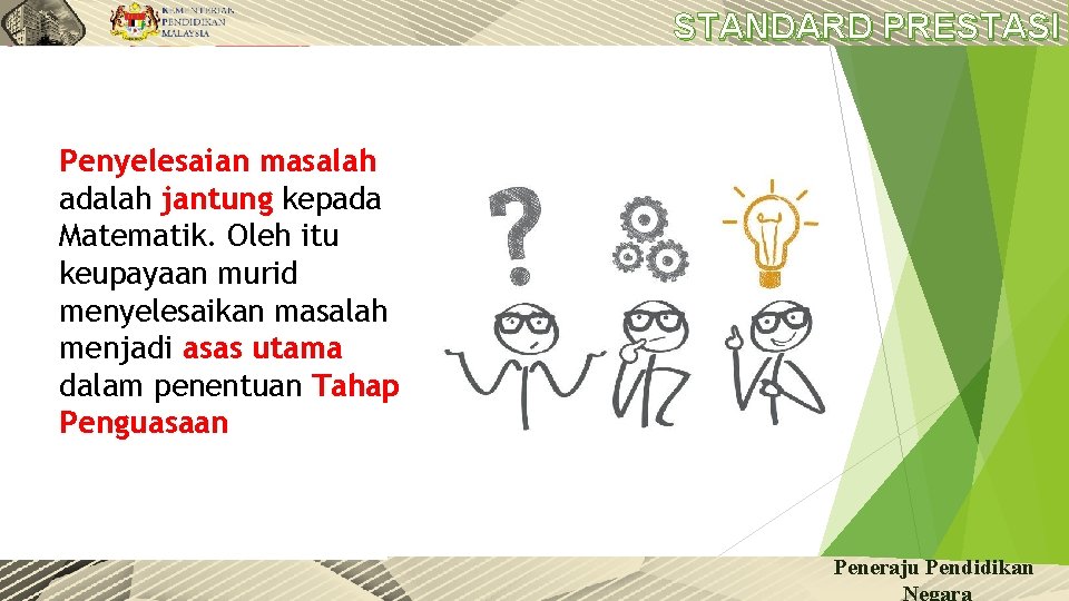 STANDARD PRESTASI Penyelesaian masalah adalah jantung kepada Matematik. Oleh itu keupayaan murid menyelesaikan masalah