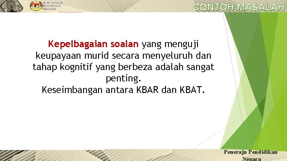 CONTOH MASALAH Kepelbagaian soalan yang menguji keupayaan murid secara menyeluruh dan tahap kognitif yang