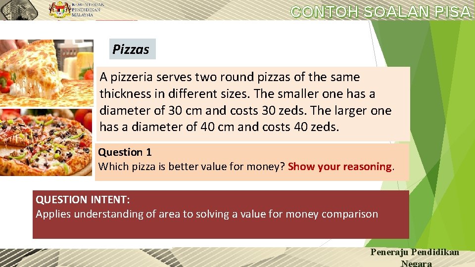 CONTOH SOALAN PISA Pizzas A pizzeria serves two round pizzas of the same thickness