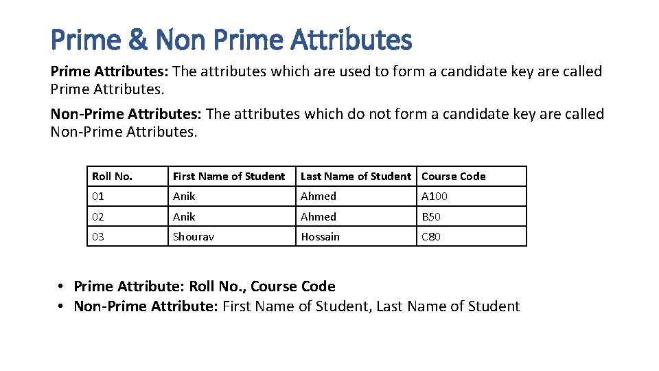 Prime & Non Prime Attributes: The attributes which are used to form a candidate Prime & Non Prime Attributes: The attributes which are used to form a candidate