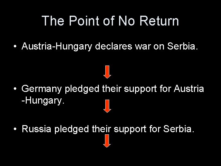 The Point of No Return • Austria-Hungary declares war on Serbia. • Germany pledged