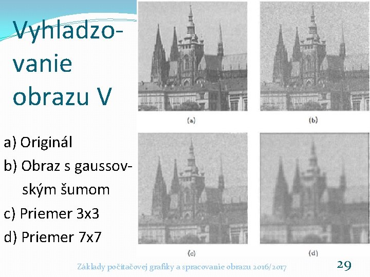 Vyhladzovanie obrazu V a) Originál b) Obraz s gaussovským šumom c) Priemer 3 x