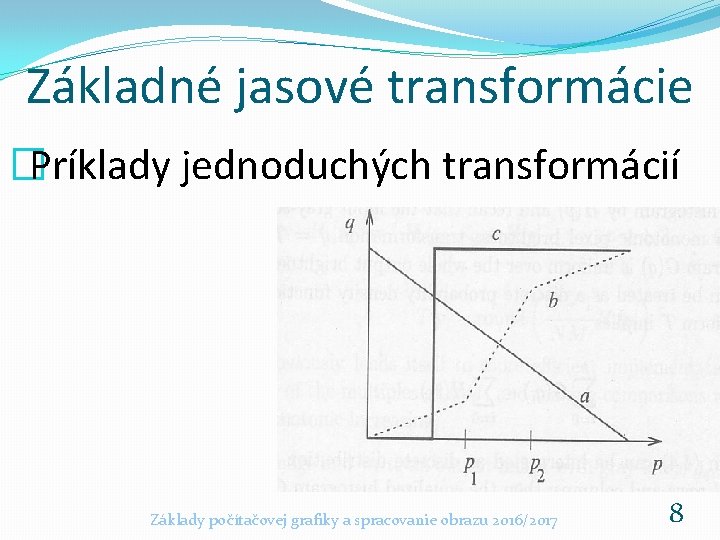 Základné jasové transformácie �Príklady jednoduchých transformácií Základy počítačovej grafiky a spracovanie obrazu 2016/2017 8