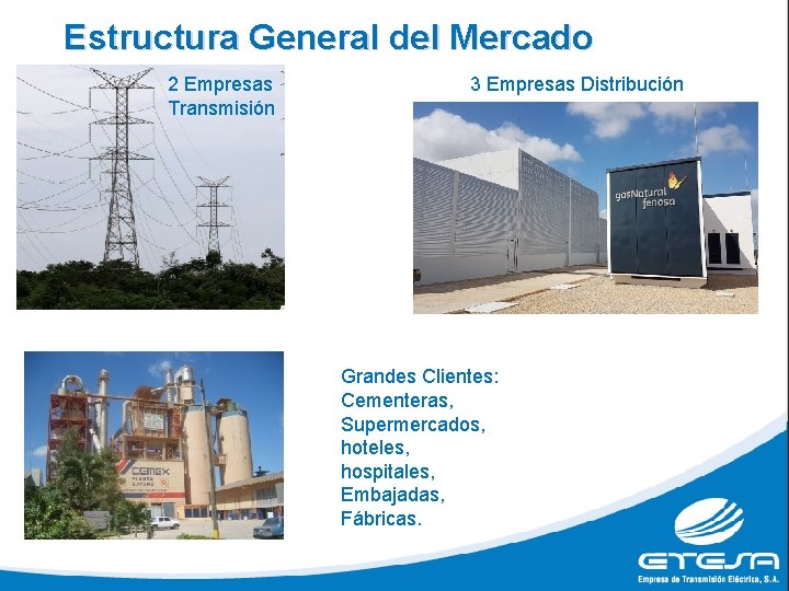 Estructura General del Mercado 2 Empresas Transmisión 3 Empresas Distribución Grandes Clientes: Cementeras, Supermercados,