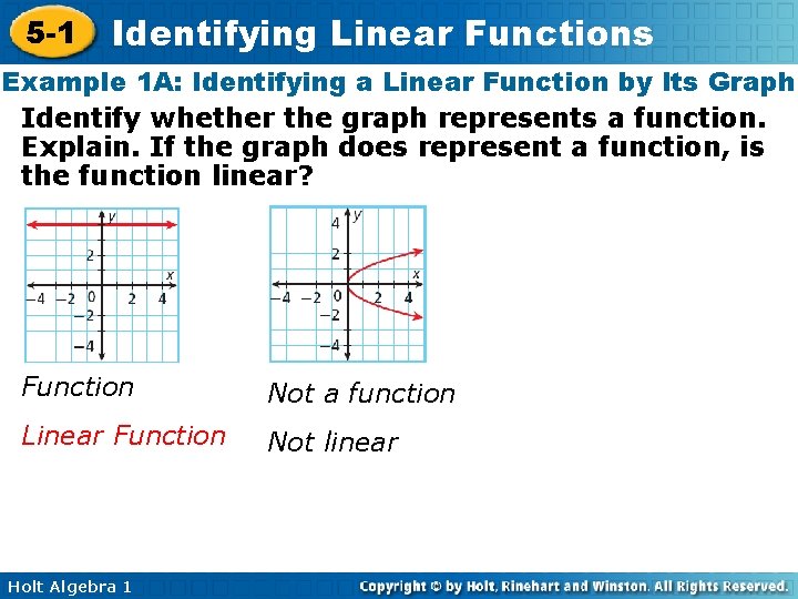 5 -1 Identifying Linear Functions Example 1 A: Identifying a Linear Function by Its