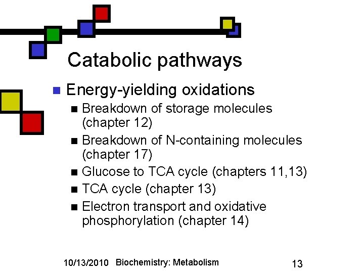 Catabolic pathways n Energy-yielding oxidations Breakdown of storage molecules (chapter 12) n Breakdown of
