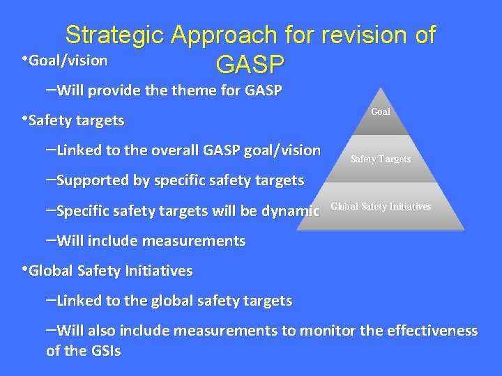 Strategic Approach for revision of • Goal/vision GASP –Will provide theme for GASP Goal