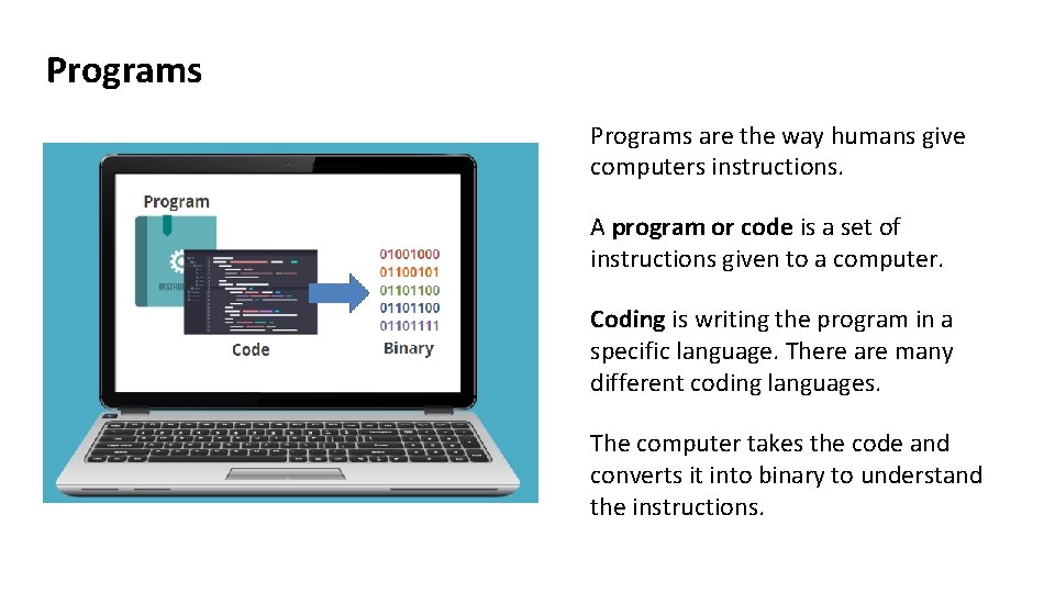 Programs are the way humans give computers instructions. A program or code is a