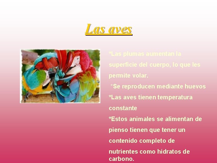 Las aves *Las plumas aumentan la superficie del cuerpo, lo que les permite volar.