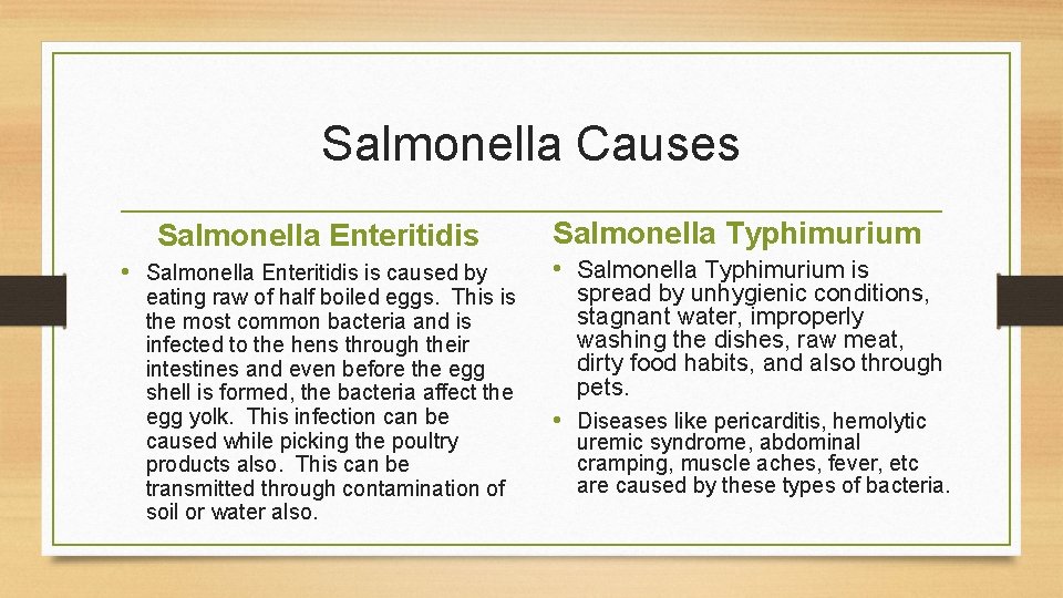 Salmonella Causes Salmonella Enteritidis • Salmonella Enteritidis is caused by eating raw of half