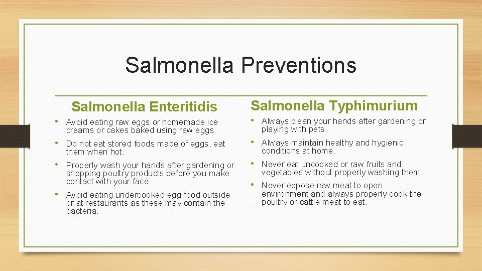 Salmonella Preventions Salmonella Enteritidis Salmonella Typhimurium • Avoid eating raw eggs or homemade ice