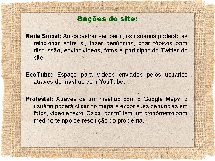 Seções do site: Rede Social: Ao cadastrar seu perfil, os usuários poderão se relacionar