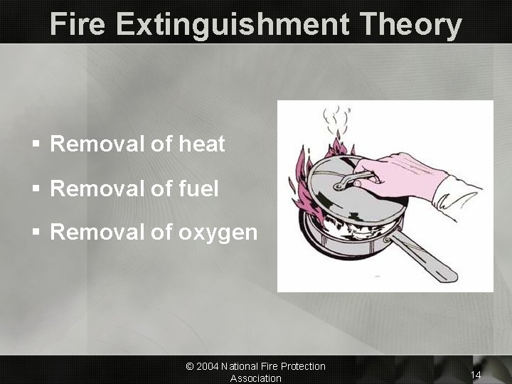 Fire Extinguishment Theory § Removal of heat § Removal of fuel § Removal of