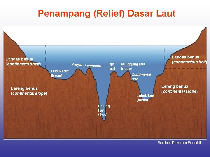 Penampang (Relief) Dasar Laut Landas benua (continental shelf) Guyot Seamount Lubuk laut (basin) Igir