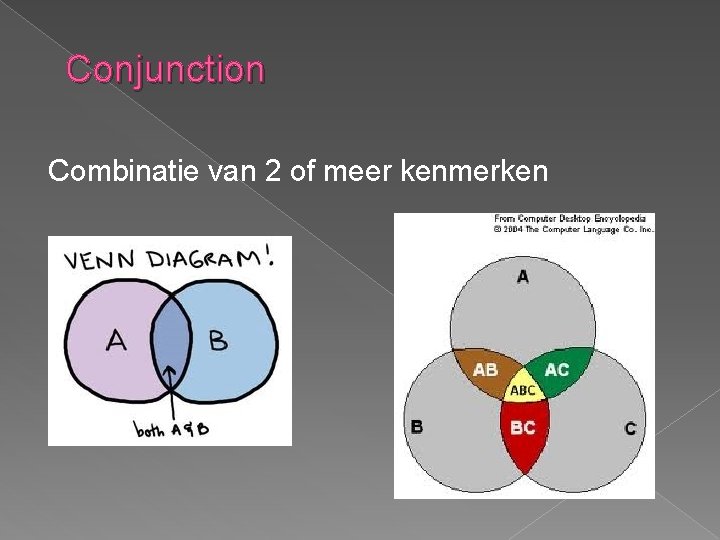 Conjunction Combinatie van 2 of meer kenmerken 