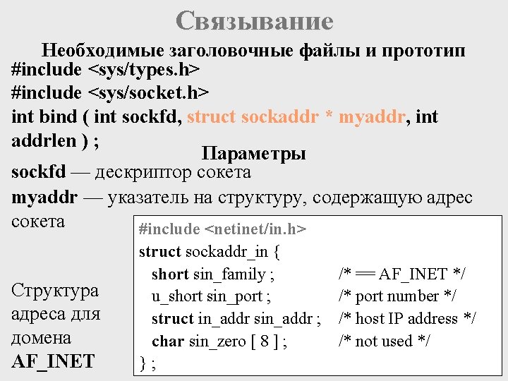 Связывание Необходимые заголовочные файлы и прототип #include <sys/types. h> #include <sys/socket. h> int bind