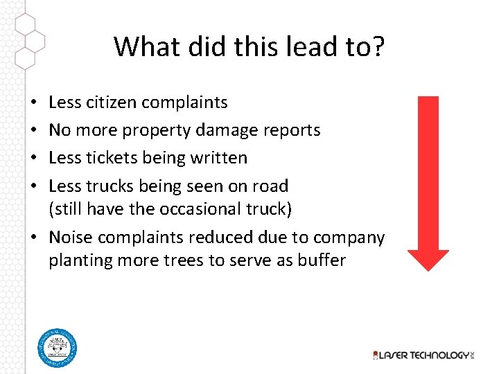 What did this lead to? Less citizen complaints No more property damage reports Less