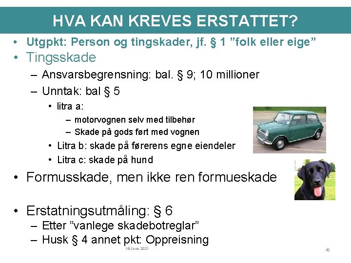 HVA KAN KREVES ERSTATTET? • Utgpkt: Person og tingskader, jf. § 1 ”folk eller