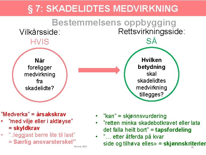 § 7: SKADELIDTES MEDVIRKNING Bestemmelsens oppbygging Vilkårsside: HVIS Rettsvirkningsside: SÅ Når foreligger medvirkning fra