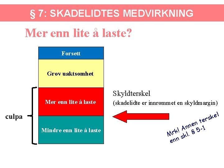 § 7: SKADELIDTES MEDVIRKNING Mer enn lite å laste? Forsett Grov uaktsomhet Skyldterskel Mer