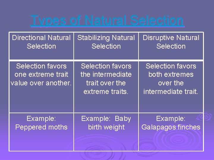 Types of Natural Selection Directional Natural Stabilizing Natural Selection Disruptive Natural Selection favors one