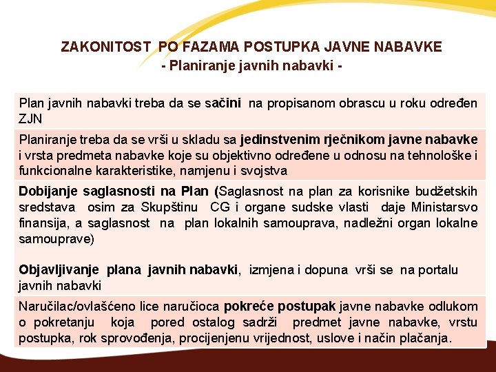 ZAKONITOST PO FAZAMA POSTUPKA JAVNE NABAVKE - Planiranje javnih nabavki Plan javnih nabavki treba