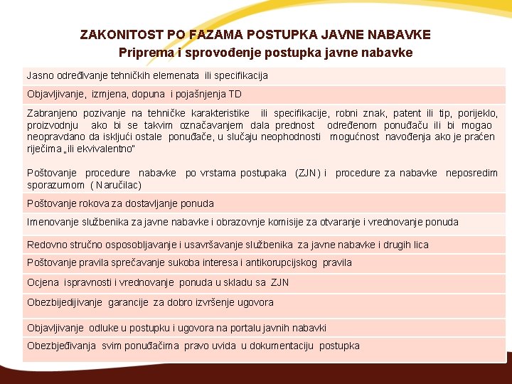 ZAKONITOST PO FAZAMA POSTUPKA JAVNE NABAVKE Priprema i sprovođenje postupka javne nabavke Jasno određivanje