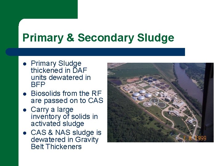 Primary & Secondary Sludge l l Primary Sludge thickened in DAF units dewatered in