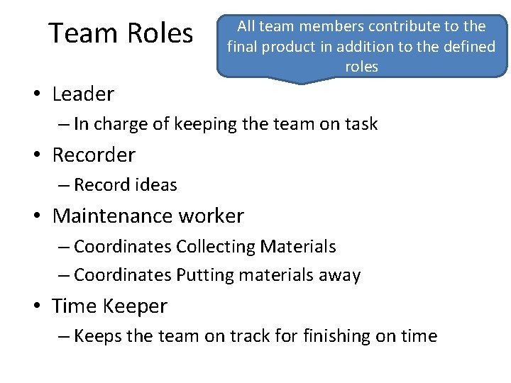 Team Roles All team members contribute to the final product in addition to the Team Roles All team members contribute to the final product in addition to the