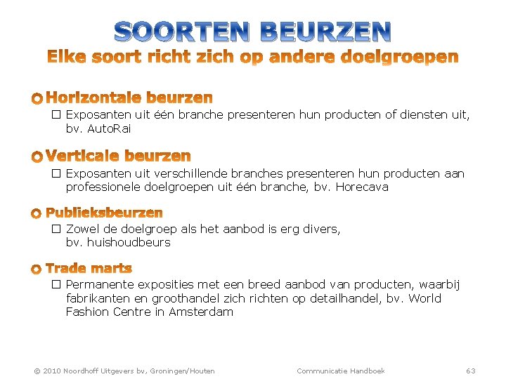 SOORTEN BEURZEN � Exposanten uit één branche presenteren hun producten of diensten uit, bv.