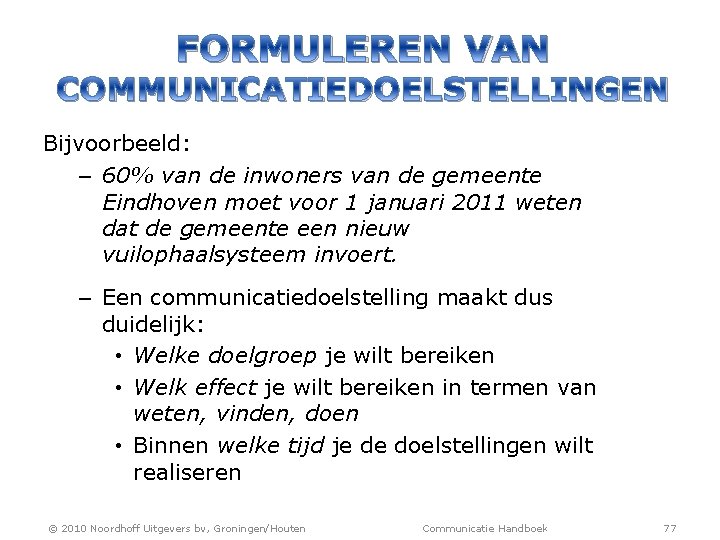 FORMULEREN VAN COMMUNICATIEDOELSTELLINGEN Bijvoorbeeld: – 60% van de inwoners van de gemeente Eindhoven moet