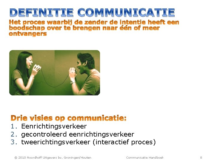 DEFINITIE COMMUNICATIE 1. Eenrichtingsverkeer 2. gecontroleerd eenrichtingsverkeer 3. tweerichtingsverkeer (interactief proces) © 2010 Noordhoff