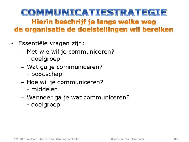 COMMUNICATIESTRATEGIE • Essentiële vragen zijn: – Met wie wil je communiceren? - doelgroep –