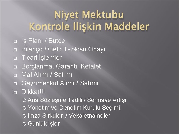 Niyet Mektubu Kontrole İlişkin Maddeler İş Planı / Bütçe Bilanço / Gelir Tablosu Onayı