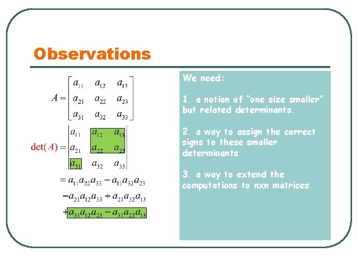 Observations We need: 1. a notion of “one size smaller” but related determinants. 2.