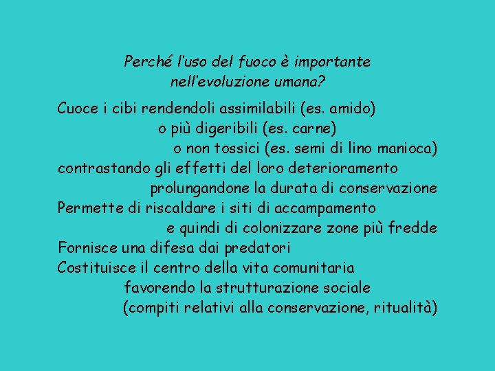 Perché l’uso del fuoco è importante nell’evoluzione umana? Cuoce i cibi rendendoli assimilabili (es.