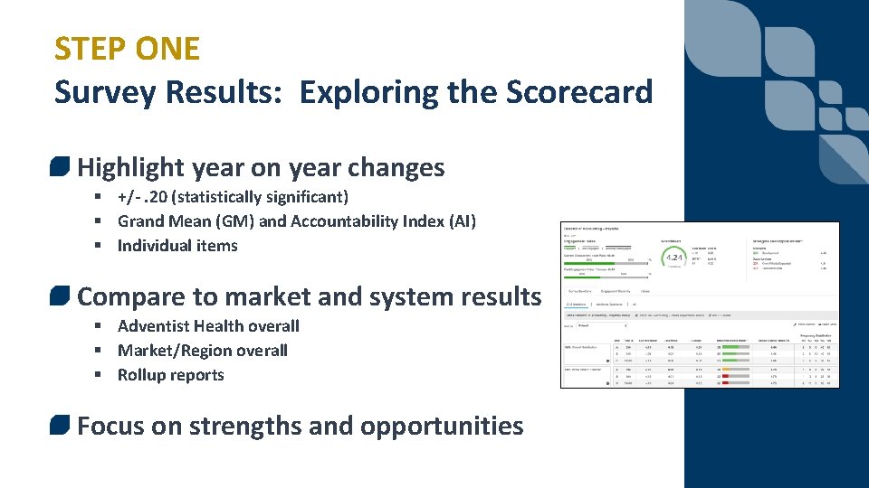 STEP ONE Survey Results: Exploring the Scorecard Highlight year on year changes § +/-.