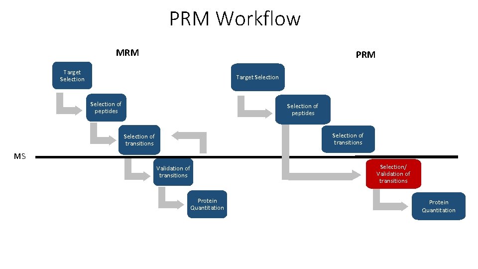 PRM Workflow MRM PRM Target Selection of peptides Selection of transitions MS Selection/ Validation