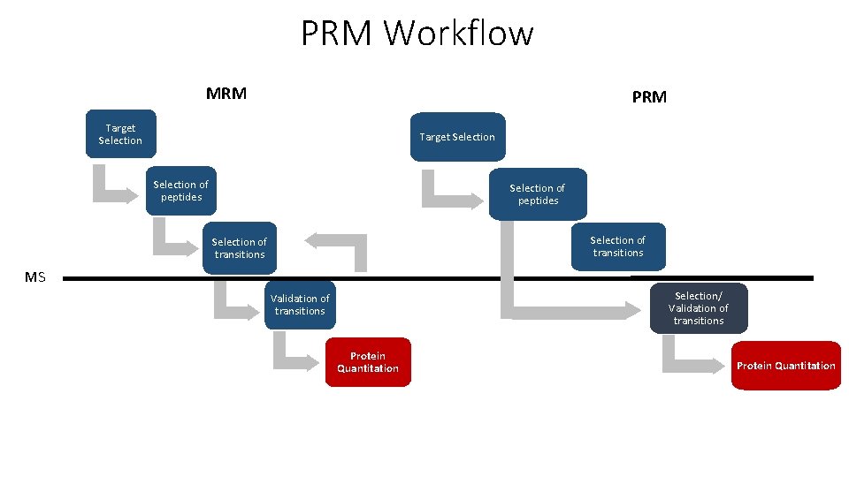 PRM Workflow MRM PRM Target Selection of peptides Selection of transitions MS Selection/ Validation